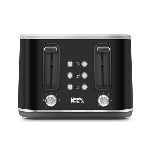 A black 4-slice toaster with chrome-plated trim and several control settings visible on the front panel.