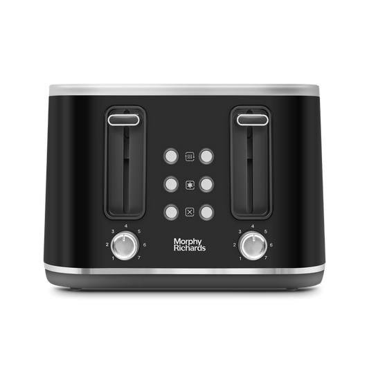 A black 4-slice toaster with chrome-plated trim and several control settings visible on the front panel.