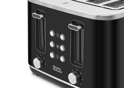 controls on a 4 slice black toaster