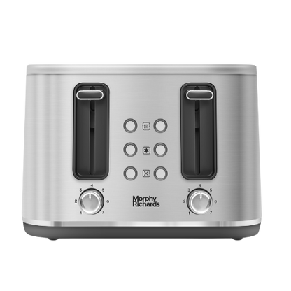 A 4-slice brushed steel toaster with chrome-plated trim, featuring browning control settings, reheat, cancel, and defrost functions, and a removable crumb tray.