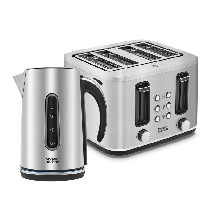 A brushed steel kettle and toaster set from the Morphy Richards Motive collection, featuring a sleek and modern design.