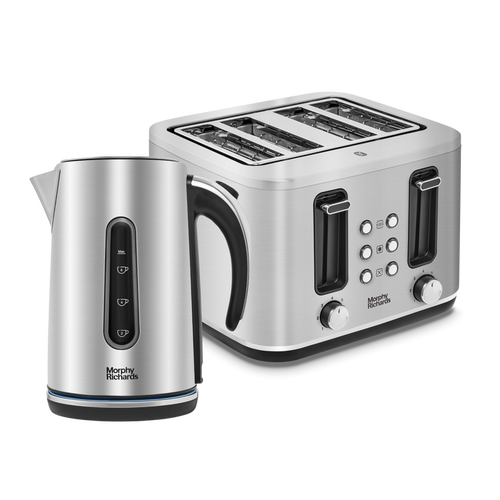 A brushed steel kettle and toaster set from the Morphy Richards Motive collection, featuring a sleek and modern design.