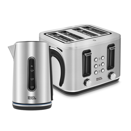 A brushed steel kettle and toaster set from the Morphy Richards Motive collection, featuring a sleek and modern design.