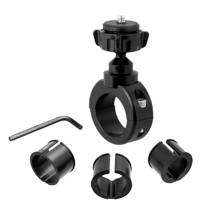 The Motorcycle Handlebar Camera Mount for Canon Sony Contour Action Cameras - Black Aluminum includes an adjustable clamp, three plastic inserts, and an L-shaped hex key tool with a 1/4-20 mounting pattern, shown on a white background.