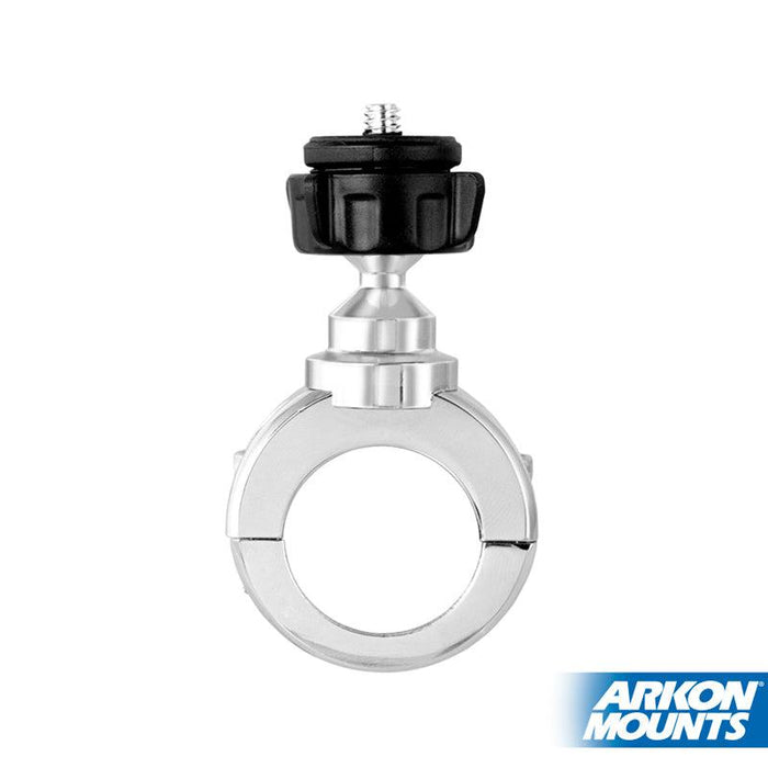 The Motorcycle Handlebar Camera Mount for Canon, Sony, and Contour Action Cameras—chrome aluminum with a circular clamp and screw knob (1/4-20 mounting pattern)—is shown on a white background with the Arkon Mounts logo in the bottom right corner.