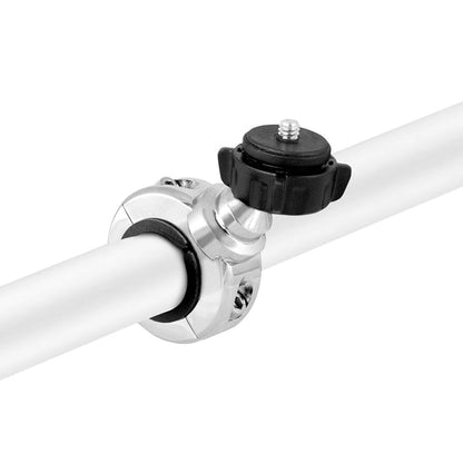 A chrome aluminum Motorcycle Handlebar Camera Mount for Canon, Sony, and Contour action cameras with a black adjustable knob and 1/4-20 mounting pattern is attached to a white cylindrical pole.