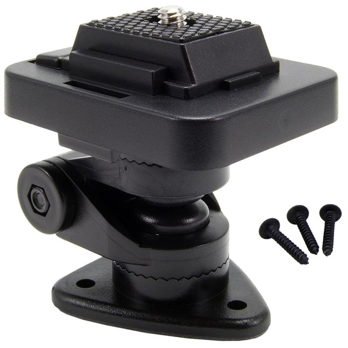 The Multi-Angle Adhesive or Drill Base Mount with Camera Mounting Pattern is shown in black, featuring an adjustable bracket with a 1/4-20 screw top and three matching black screws on a white background.