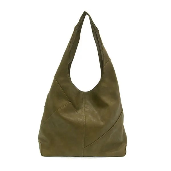 Olive green vegan leather NEVE PUZZLE HOBO bag with slouchy design and brass plated hardware