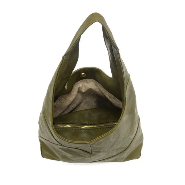 Olive green vegan leather hobo bag with curved handle and brass plated hardware logo