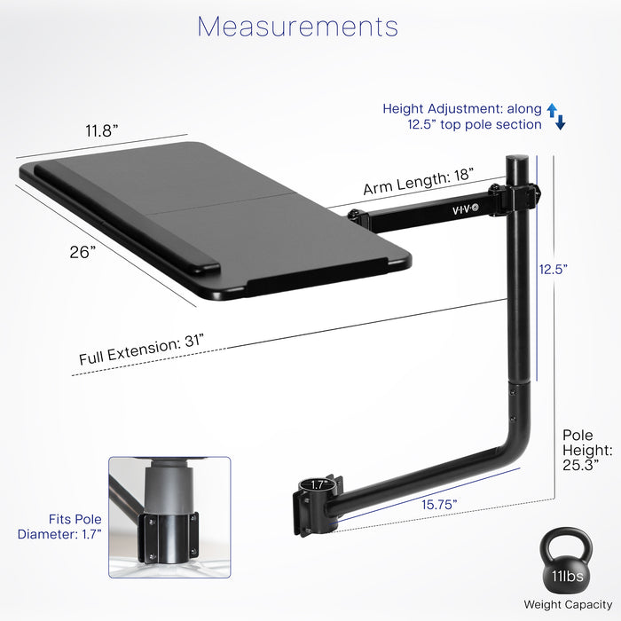 Office chair pole mounting keyboard tray with height adjustment, tilt, and rotation.