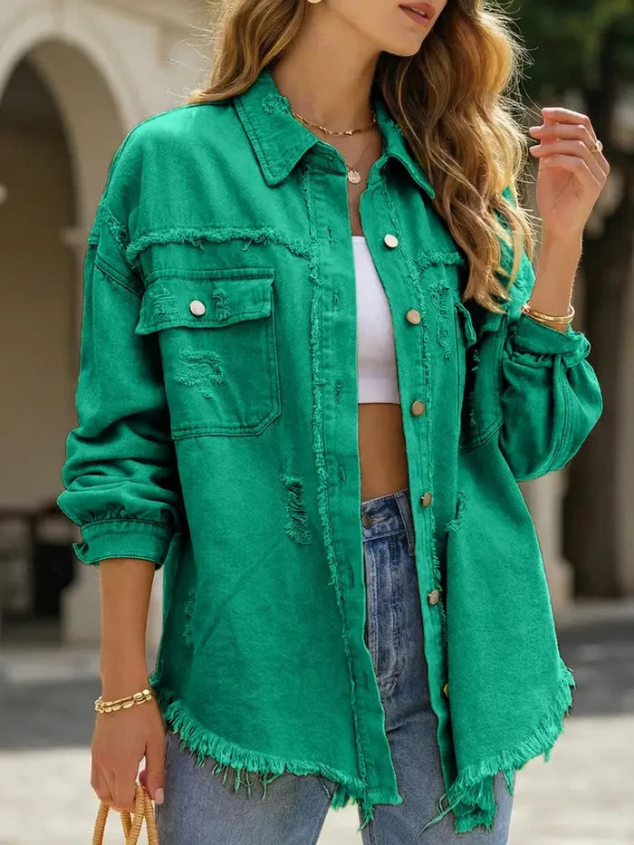 Old Solid Color Denim Coat with Lapel and Ripped Raw Edge