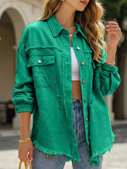 Old Solid Color Denim Coat with Lapel and Ripped Raw Edge