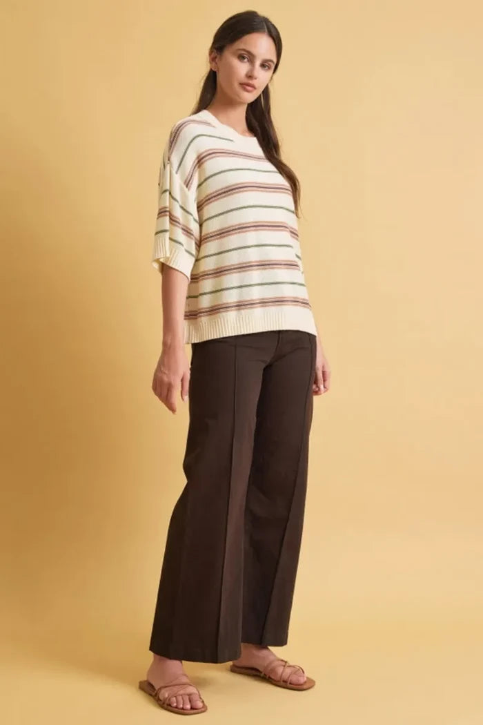 Cream-colored oversized cut half sleeve striped sweater in knit with muted brown olive green and beige horizontal stripes