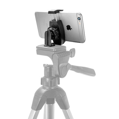 The Mobile Grip 2 Tripod Adapter with Phone Holder secures a smartphone horizontally on a tripod, with the tripod partially faded to emphasize the phone holder.