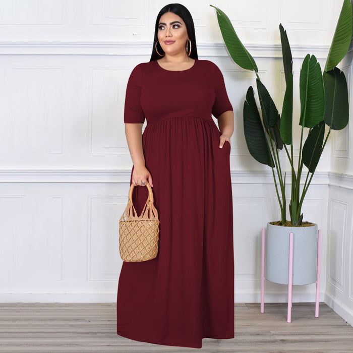 Plus Size Dress Summer Women Clothing Solid Color Round Neck Loose Casual  Dress