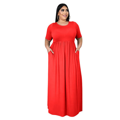 Plus Size Dress Summer Women Clothing Solid Color Round Neck Loose Casual  Dress