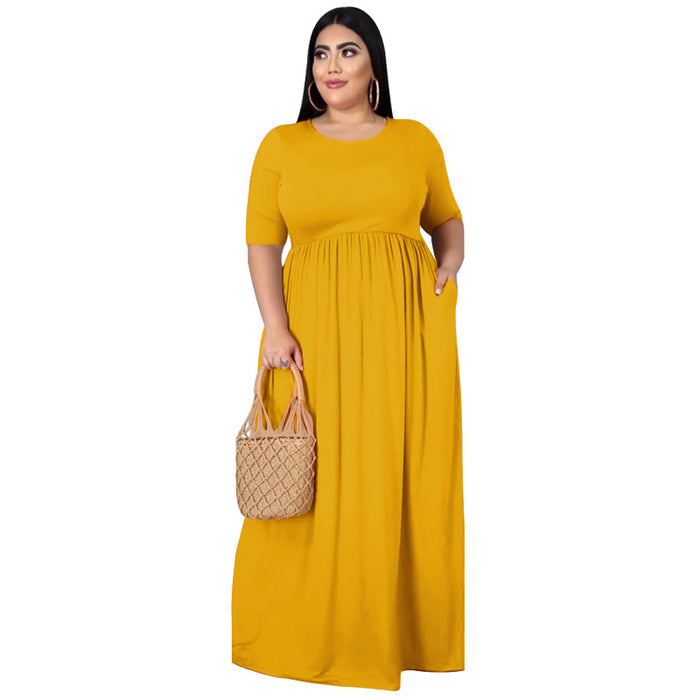 Plus Size Dress Summer Women Clothing Solid Color Round Neck Loose Casual  Dress