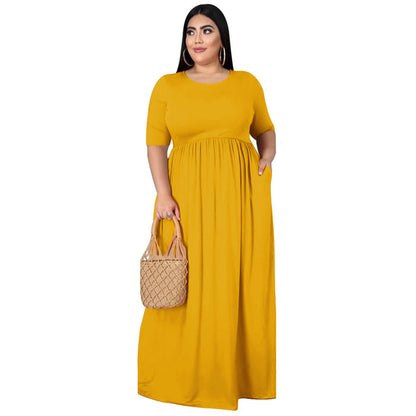 Plus Size Dress Summer Women Clothing Solid Color Round Neck Loose Casual  Dress