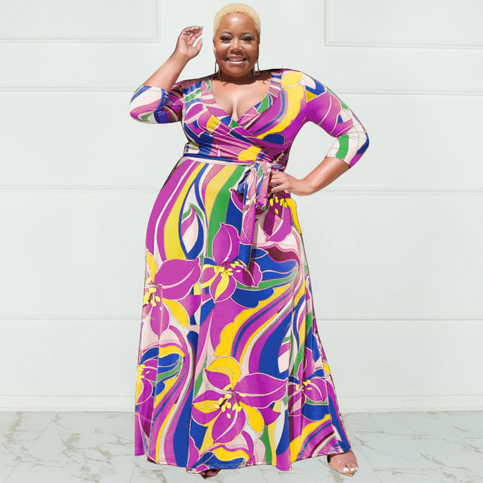 Plus Size Summer Floral Print with Belt Loose  Women Clothing Dress