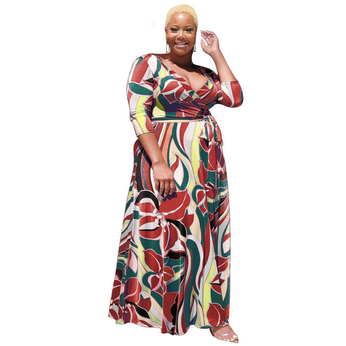 Plus Size Summer Floral Print with Belt Loose  Women Clothing Dress