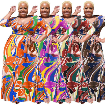 Plus Size Summer Floral Print with Belt Loose  Women Clothing Dress