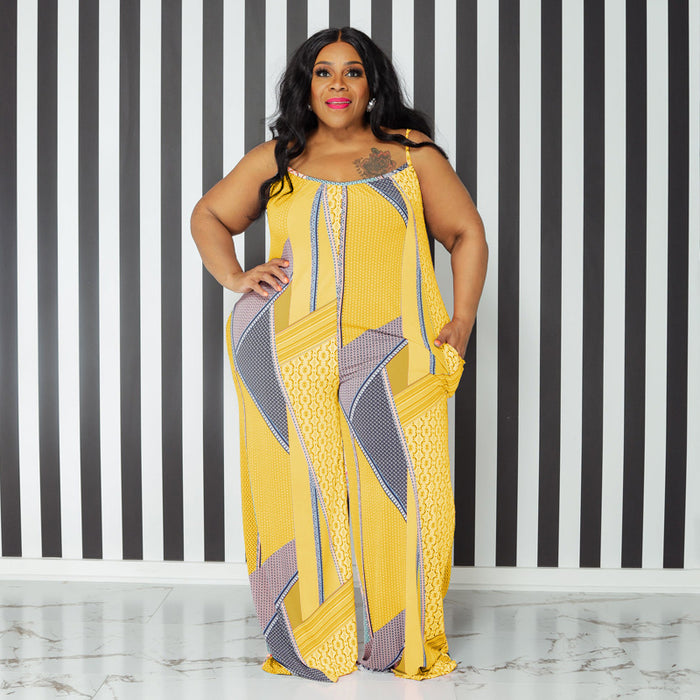 Plus Size Suspender Printed Loose Casual  Women Clothing One-Piece Trousers
