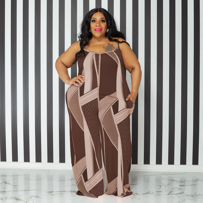 Plus Size Suspender Printed Loose Casual  Women Clothing One-Piece Trousers