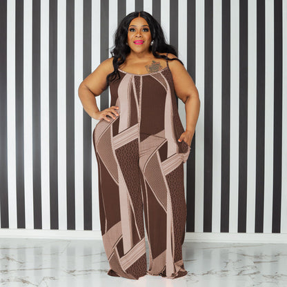 Plus Size Suspender Printed Loose Casual  Women Clothing One-Piece Trousers