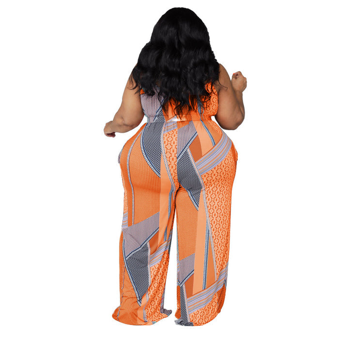 Plus Size Suspender Printed Loose Casual  Women Clothing One-Piece Trousers
