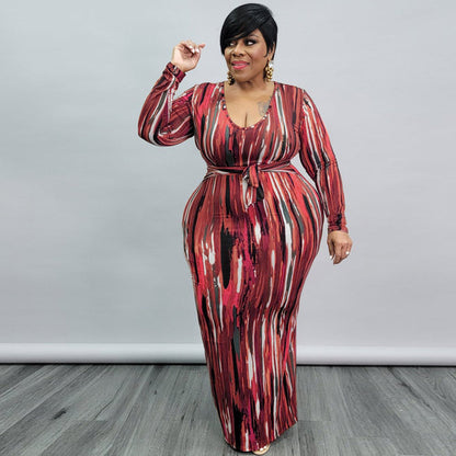 Plus Size Women Clothing Spring Printing Dyeing U Collar with Belt Skinny Long  Dress