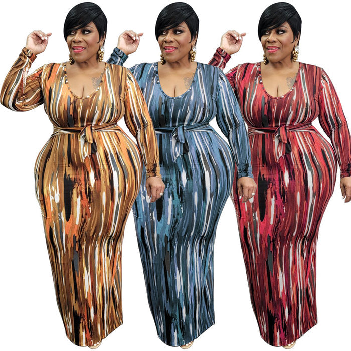 Plus Size Women Clothing Spring Printing Dyeing U Collar with Belt Skinny Long  Dress