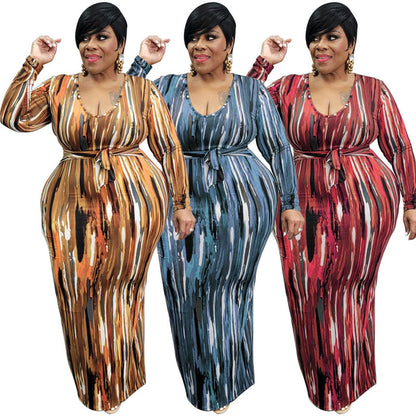 Plus Size Women Clothing Spring Printing Dyeing U Collar with Belt Skinny Long  Dress