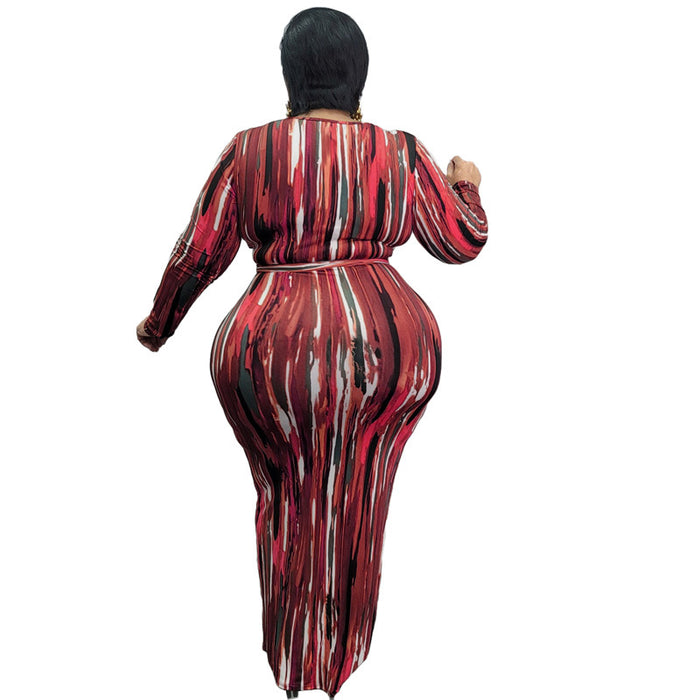 Plus Size Women Clothing Spring Printing Dyeing U Collar with Belt Skinny Long  Dress