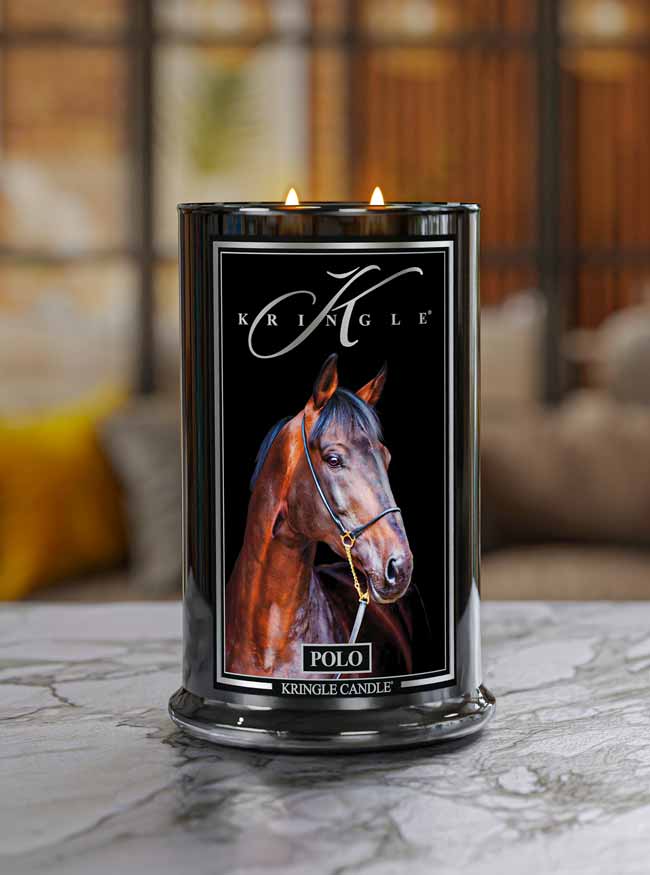Kringle Candle with horse design on a marble surface