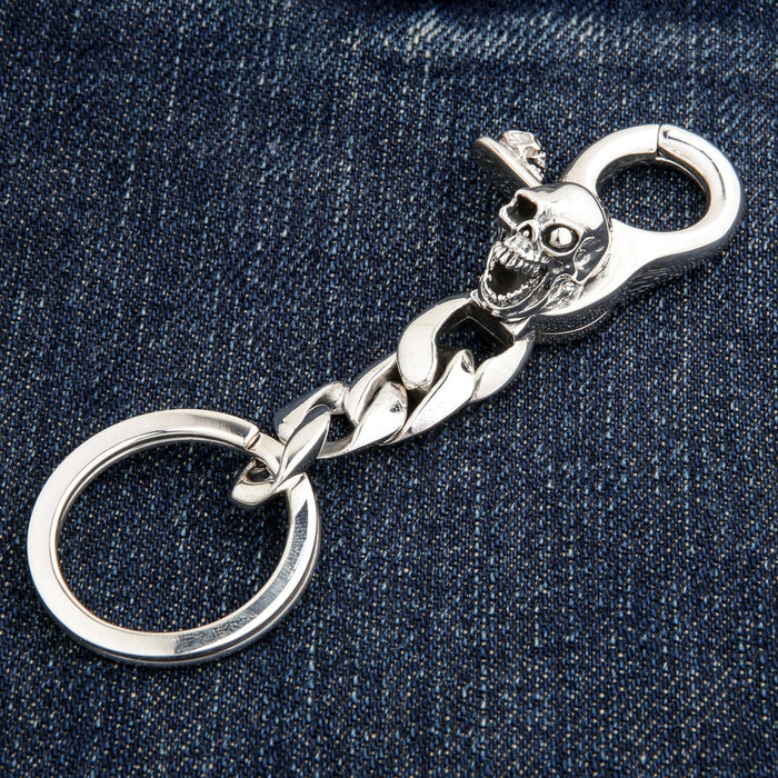 Angled view of 925 sterling silver skull key holder with ring