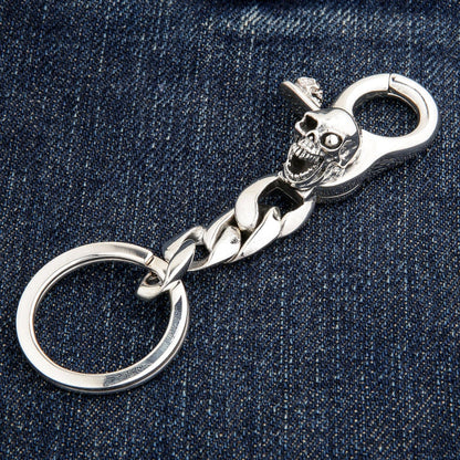 Angled view of 925 sterling silver skull key holder with ring