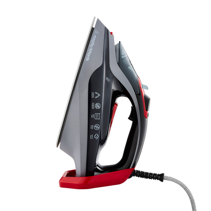 A Morphy Richards 3000W LED Steam Iron with a ceramic sole plate and a red and black color scheme.