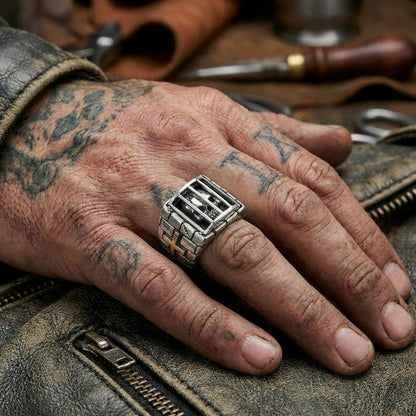 Close-up of a rugged silver prisoner skull ring featuring a skull behind bars and a small gold cross detail, worn on the middle finger of a tattooed hand resting on a distressed leather jacket with leatherworking tools in the background.