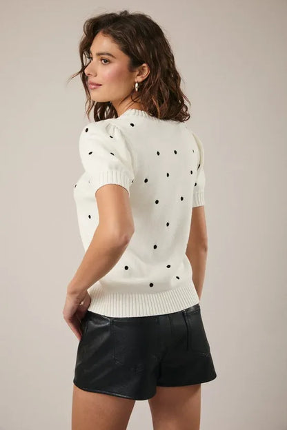 Puff short sleeve polka dot sweater with white knit and black dots