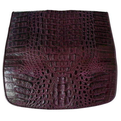 Full hornback crocodile skin panel of the purple trifold wallet with raised center ridge of bony scales