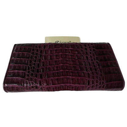 Side profile of the purple crocodile women's wallet showing its slim folded thickness