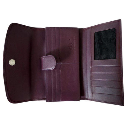 Open interior of the purple crocodile trifold wallet with card slots, ID window and snap closure