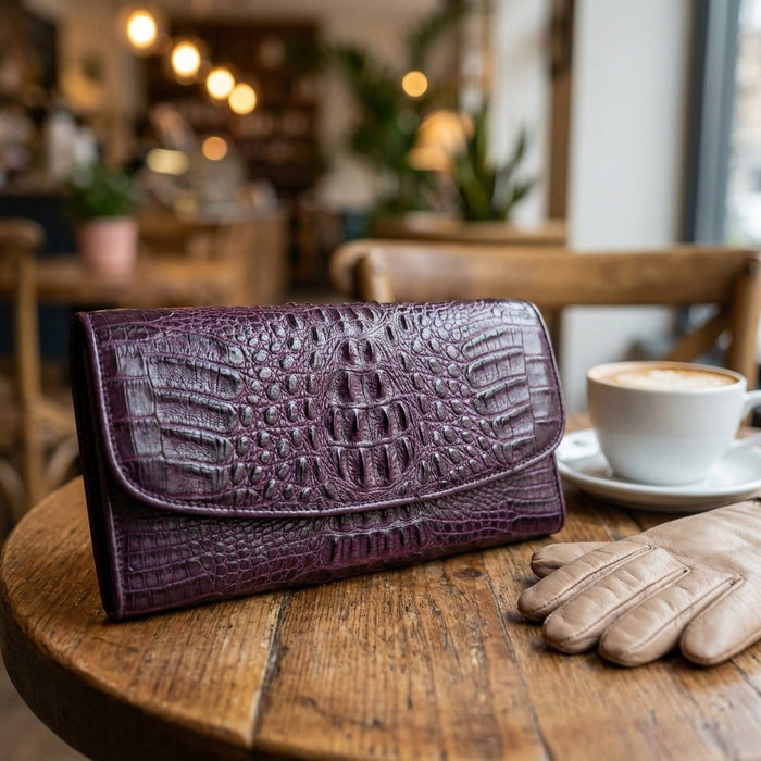 Resting on a wooden cafe table beside a cappuccino, the purple crocodile women's wallet in daily use