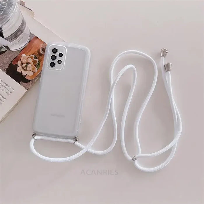 a white phone case with a white strap