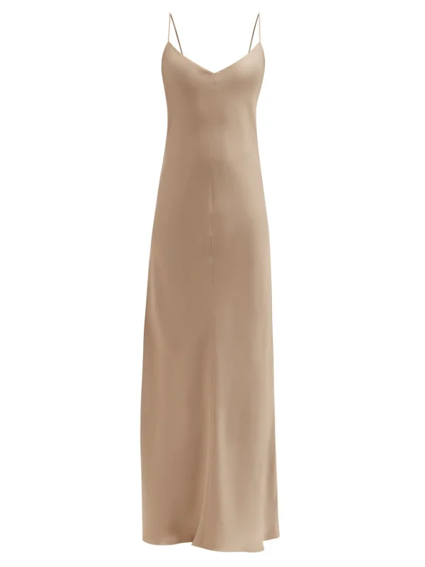 RAEY V-Neck Silk-Satin Beige Grey Maxi Dress - House Of Huntington