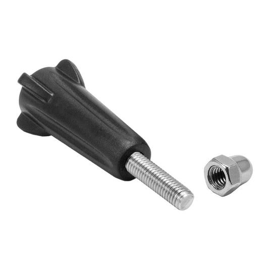 Replacement Screw and Acorn Nut for GoPro HERO Action Camera Mounts shown: a black plastic screw with metal rod and separate silver hex nut on white. Perfect as a GoPro replacement or compatible with HERO accessories.
