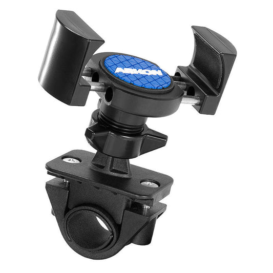 The RoadVise® Holder with Handlebar Mount securely holds your phone on your bike’s handlebar, with adjustable clamps and a blue-patterned center displaying the AXIOM logo.
