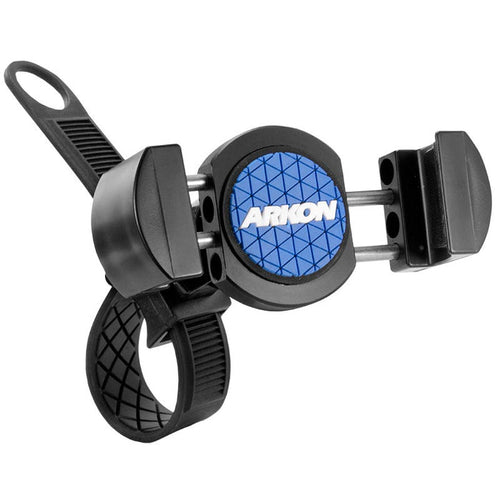 The RoadVise® Motorcycle Phone Mount with Strap is a black and blue handlebar phone holder featuring an adjustable strap and clamp, ideal for securely mounting your device on motorcycle or bicycle handlebars.