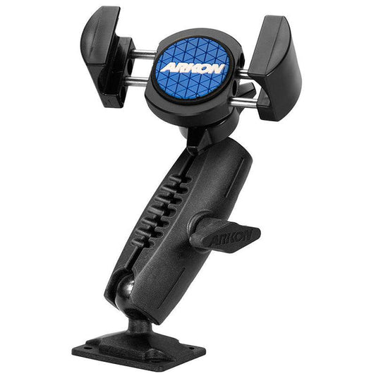 The RoadVise® Phone Holder with Drill Base and Adjustable Arm is black with a blue circular logo, featuring a pivoting arm, tightening knob, and sturdy drill base for secure positioning.