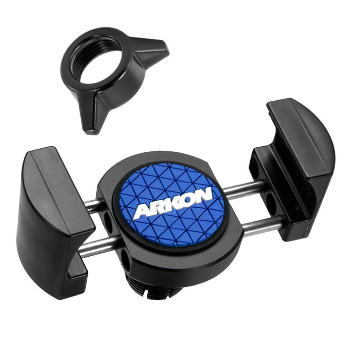 The black RoadVise® Phone Holder has adjustable side grips, a blue circular ARKON center, and comes with a wingnut screw attachment for 17mm ball mount systems.